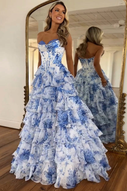 Floral Strapless Tiered Maxi Dress