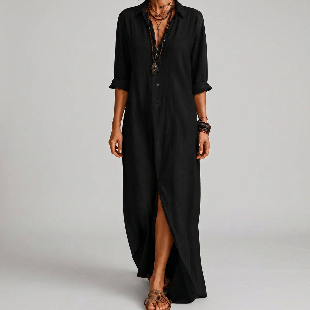 Relaxed Button Front Maxi Shirt Dress