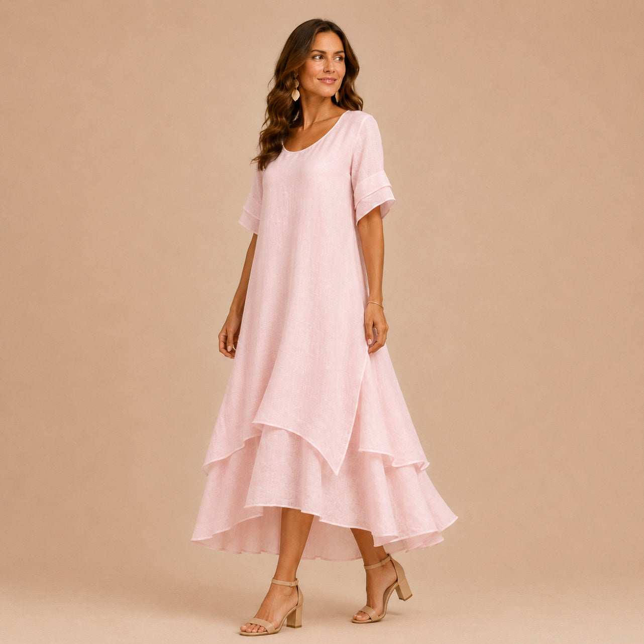 Short Sleeve Tiered Linen Maxi Dress