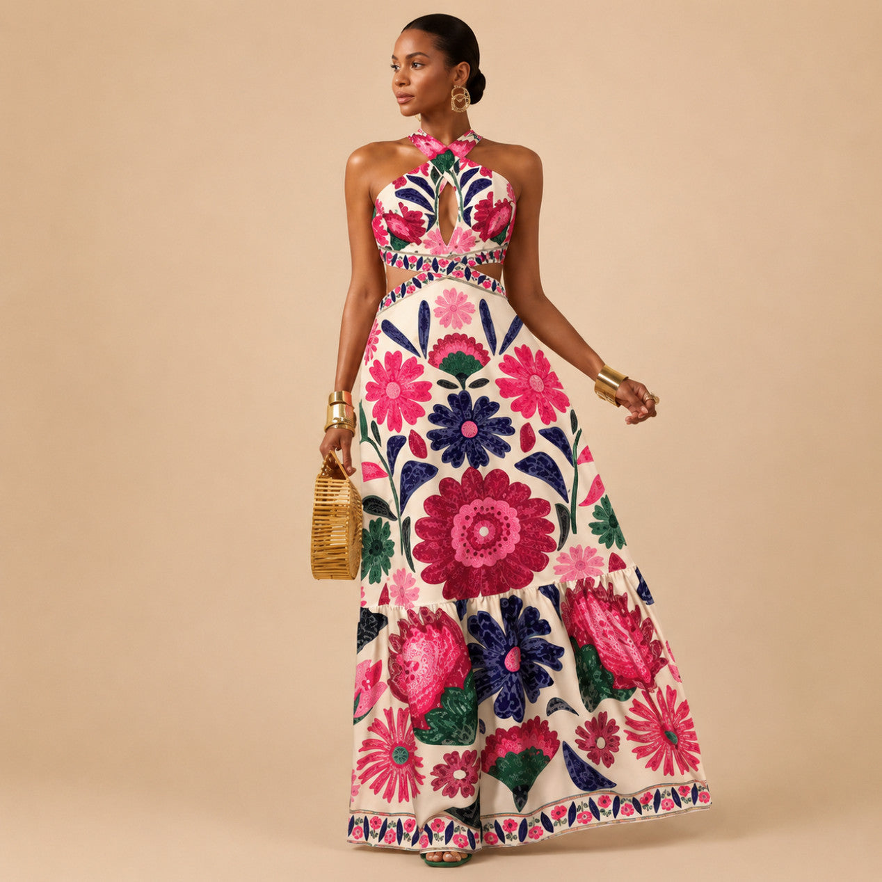 Floral Halter Cutout Maxi Dress