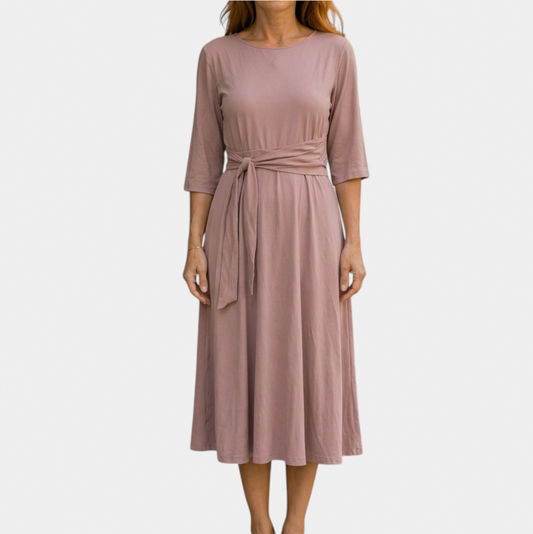 3/4 Sleeve Tie Waist Midi Dress