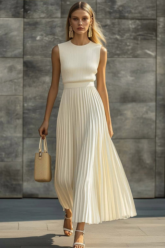 Ribbed Pleated Knit Maxi Dress