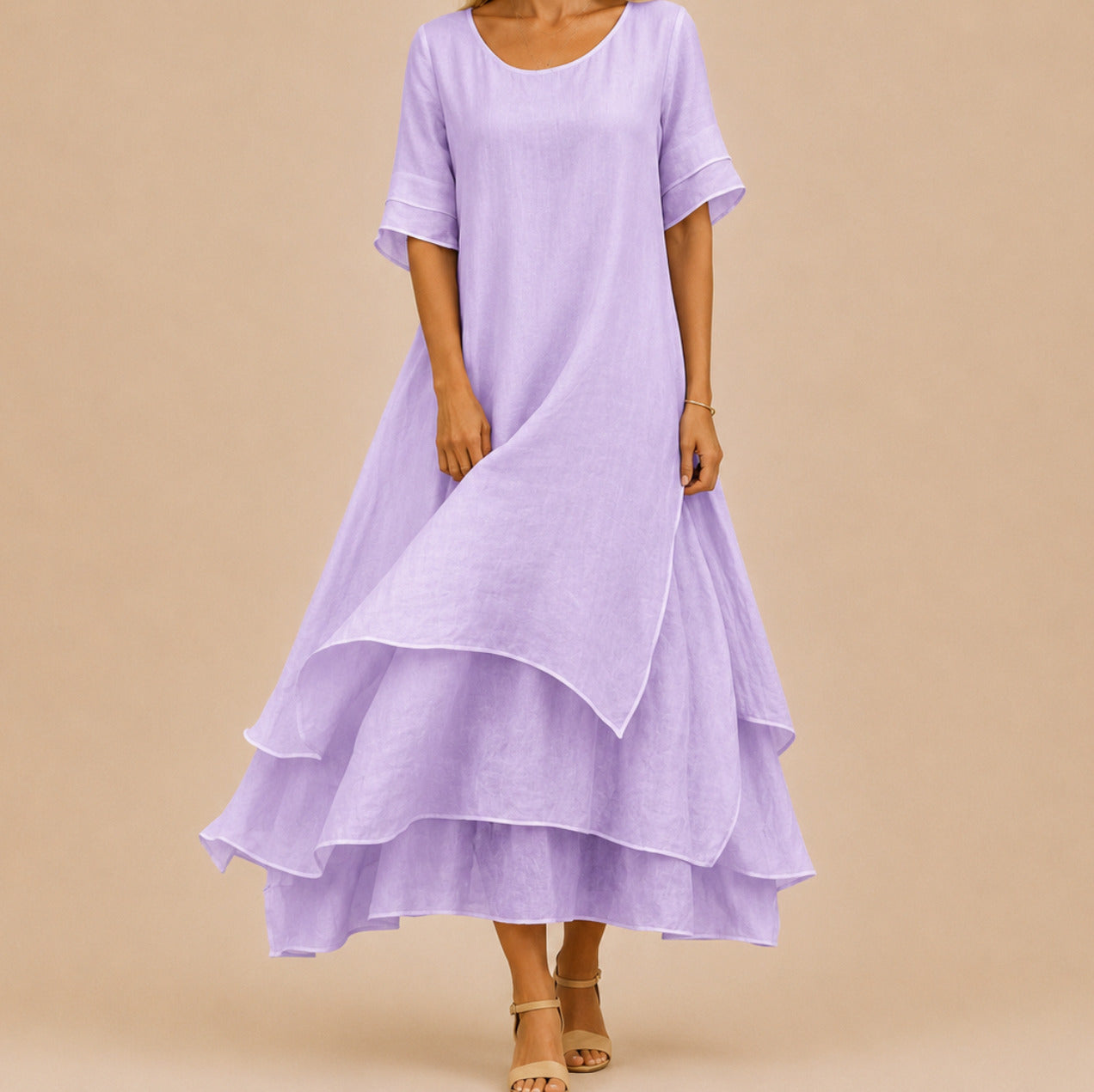 Short Sleeve Tiered Linen Maxi Dress