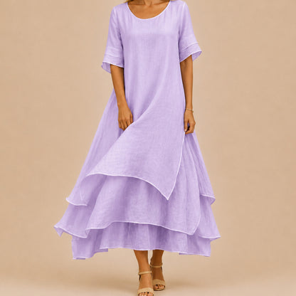 Short Sleeve Tiered Linen Maxi Dress