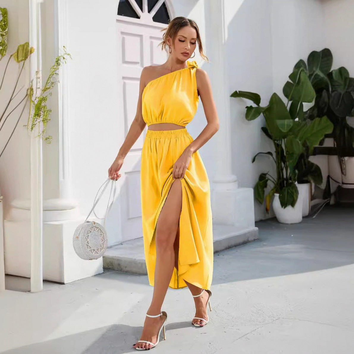One Shoulder Slit Two Piece Set