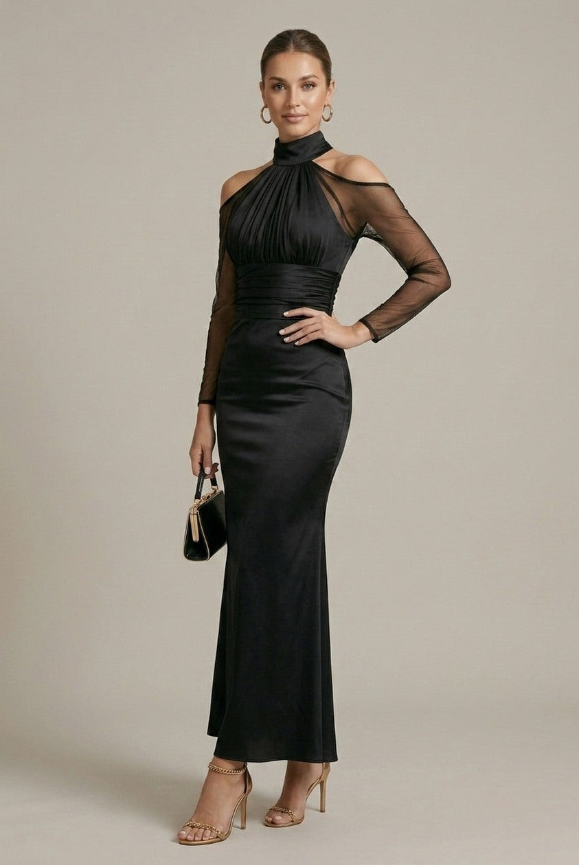 Satin Halter Mesh Sleeve Gown