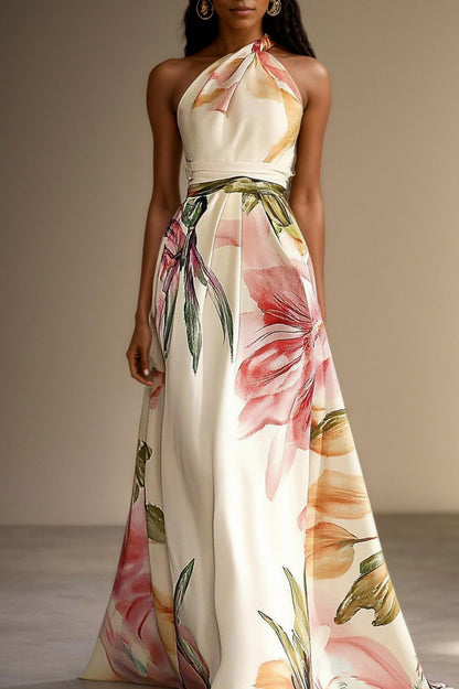 Floral Halter Pleated Maxi Dress