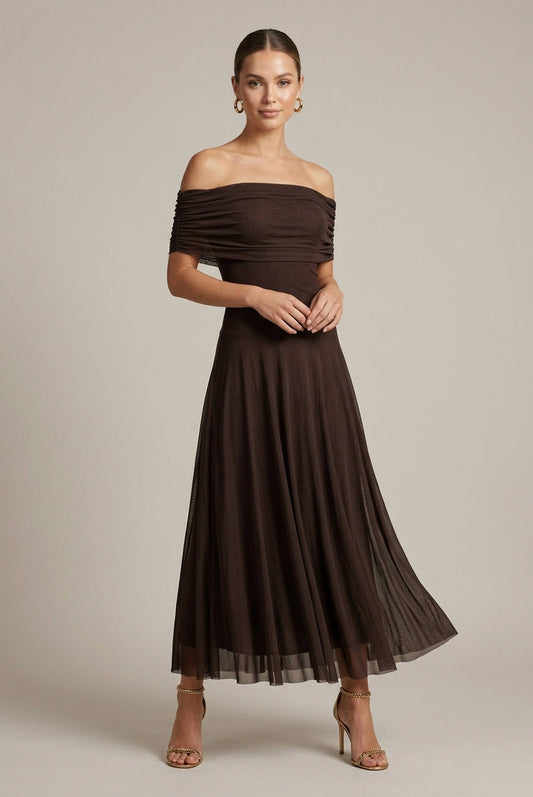 Mesh Off Shoulder Midi Dress