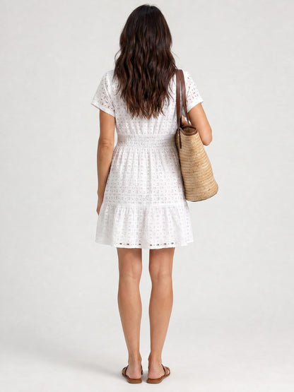 Eyelet Smocked Tiered Mini Dress