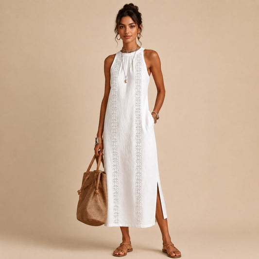 Linen Halter Crochet Maxi Sundress
