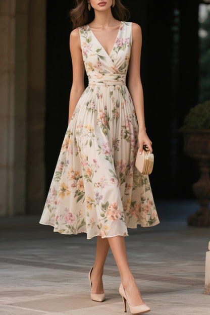 Floral Chiffon Sleeveless Midi Dress