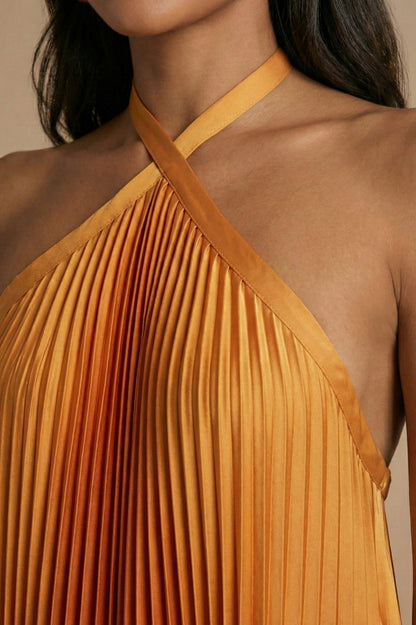 Satin Halter Pleated Maxi Dress