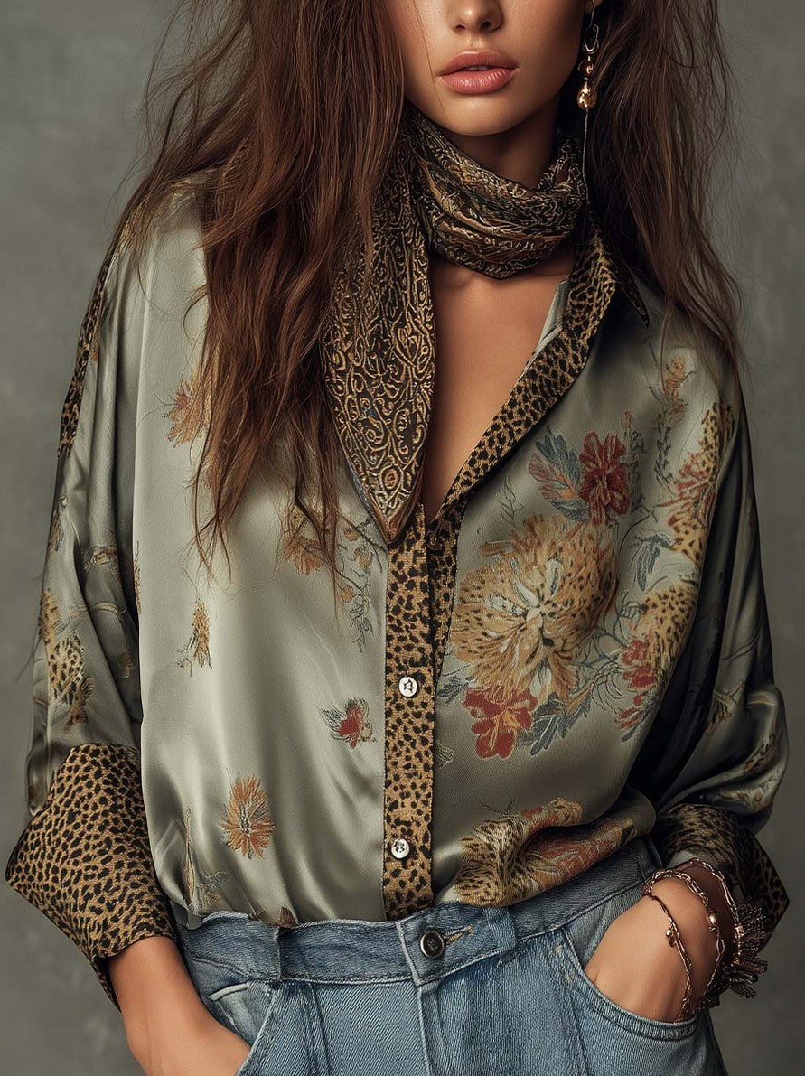 Floral Satin Button Front Blouse