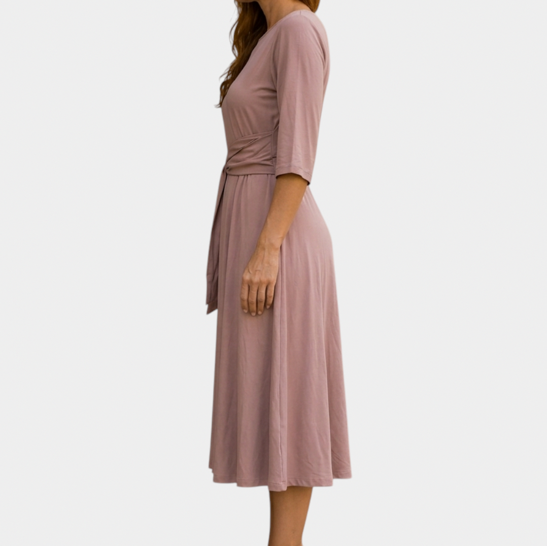 3/4 Sleeve Tie Waist Midi Dress