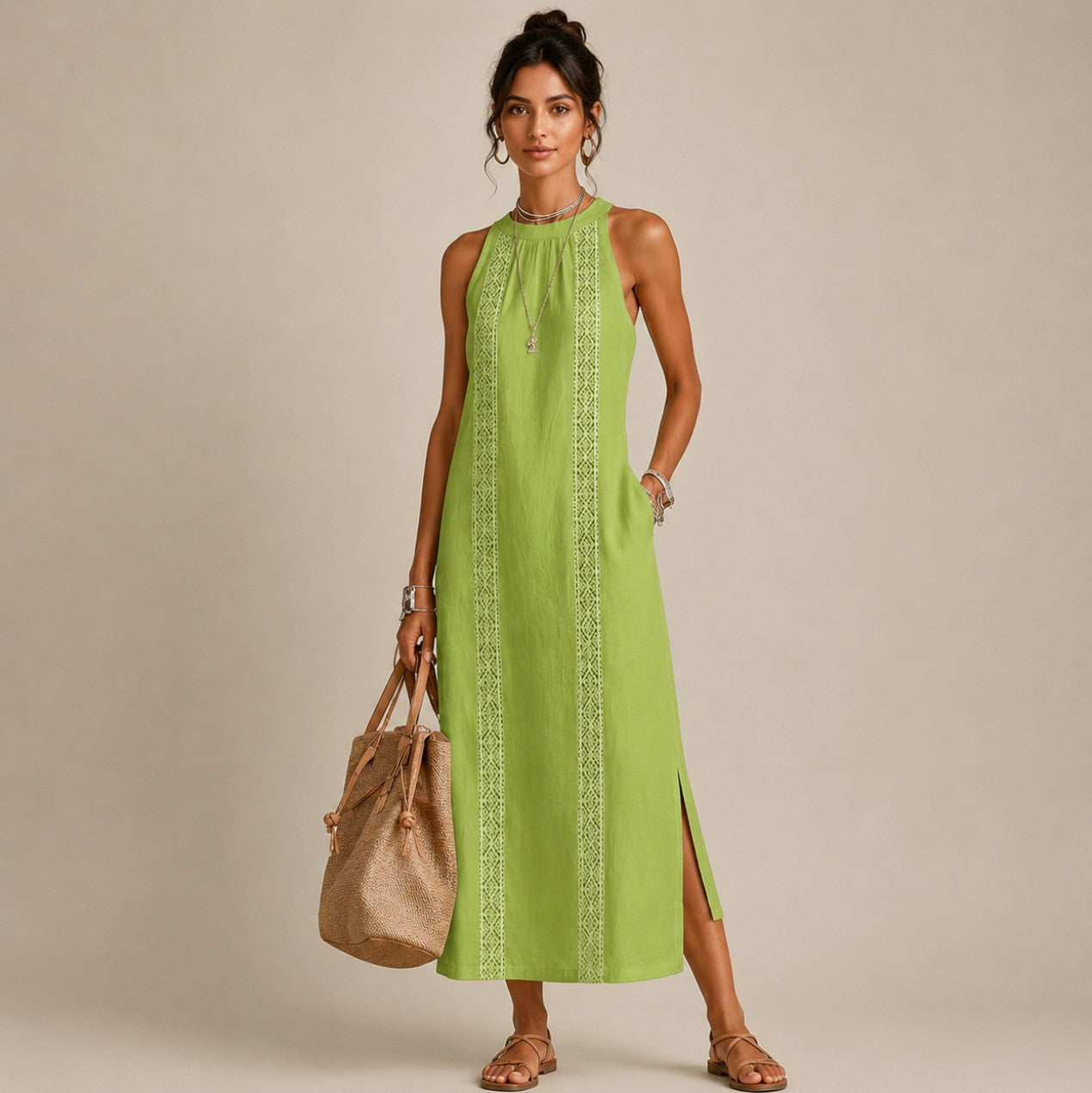 Linen Halter Crochet Maxi Sundress
