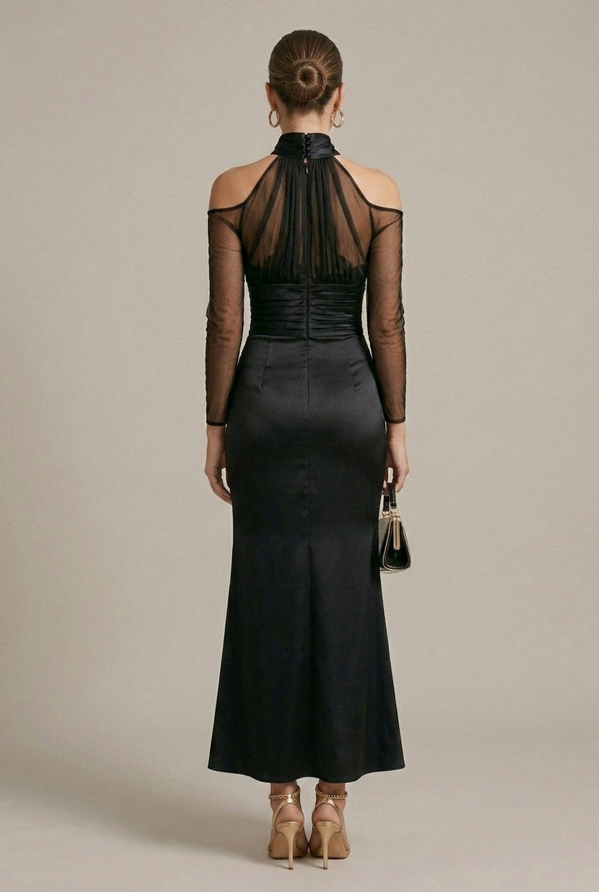 Satin Halter Mesh Sleeve Gown