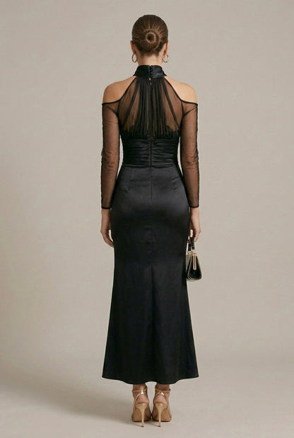 Satin Halter Mesh Sleeve Gown