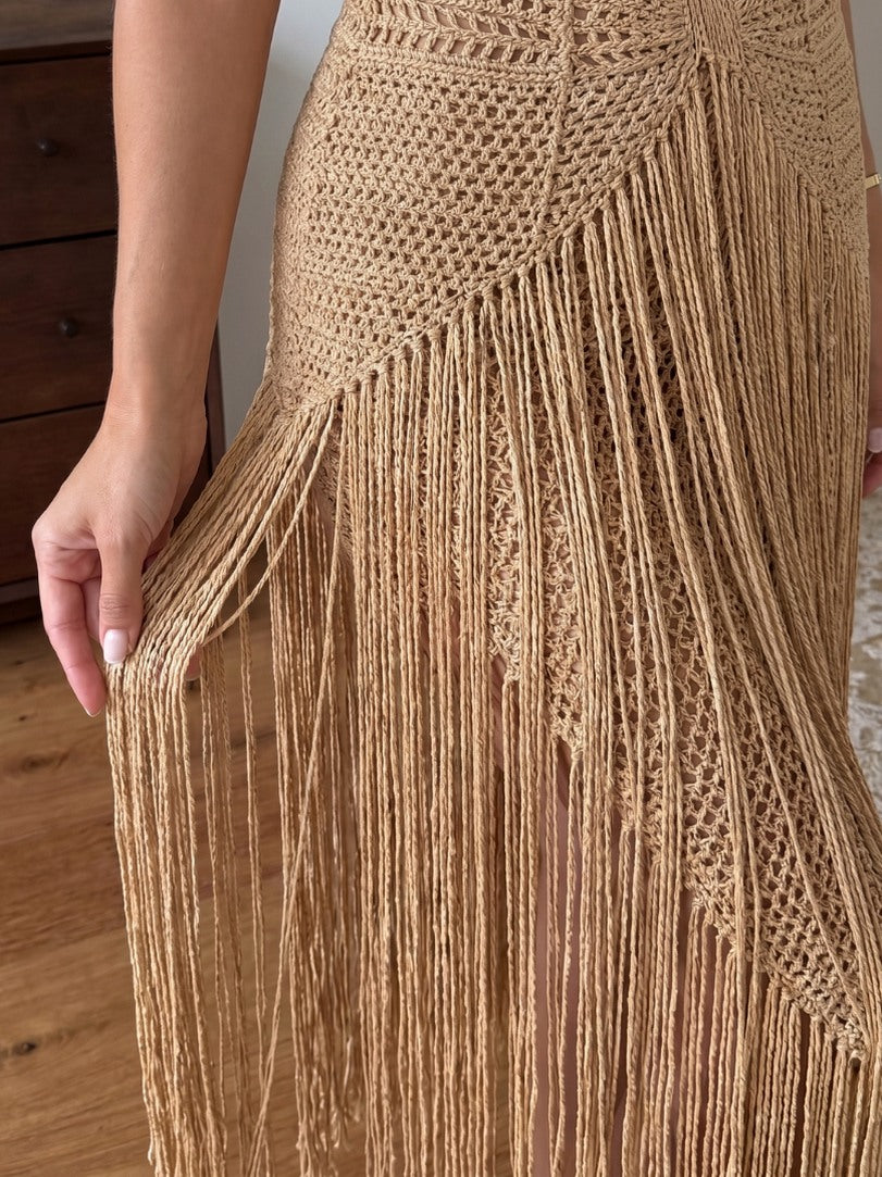 Crochet Cutout Fringe Maxi Dress
