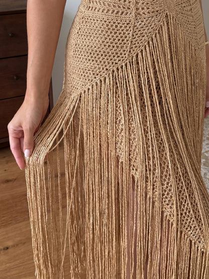 Crochet Cutout Fringe Maxi Dress