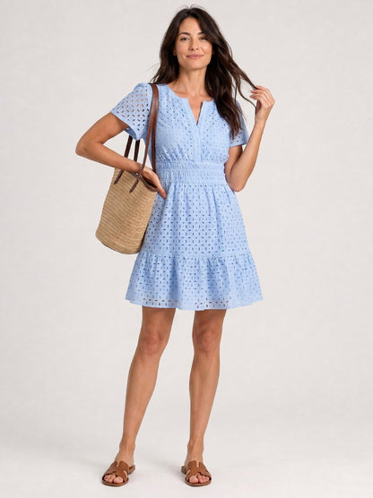 Eyelet Smocked Tiered Mini Dress