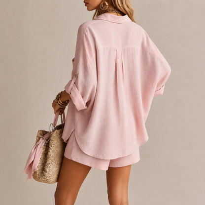 Linen Button Front Shorts Set
