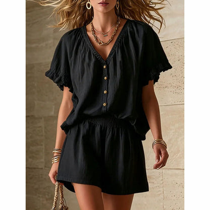Gauze Button Front Shorts Set