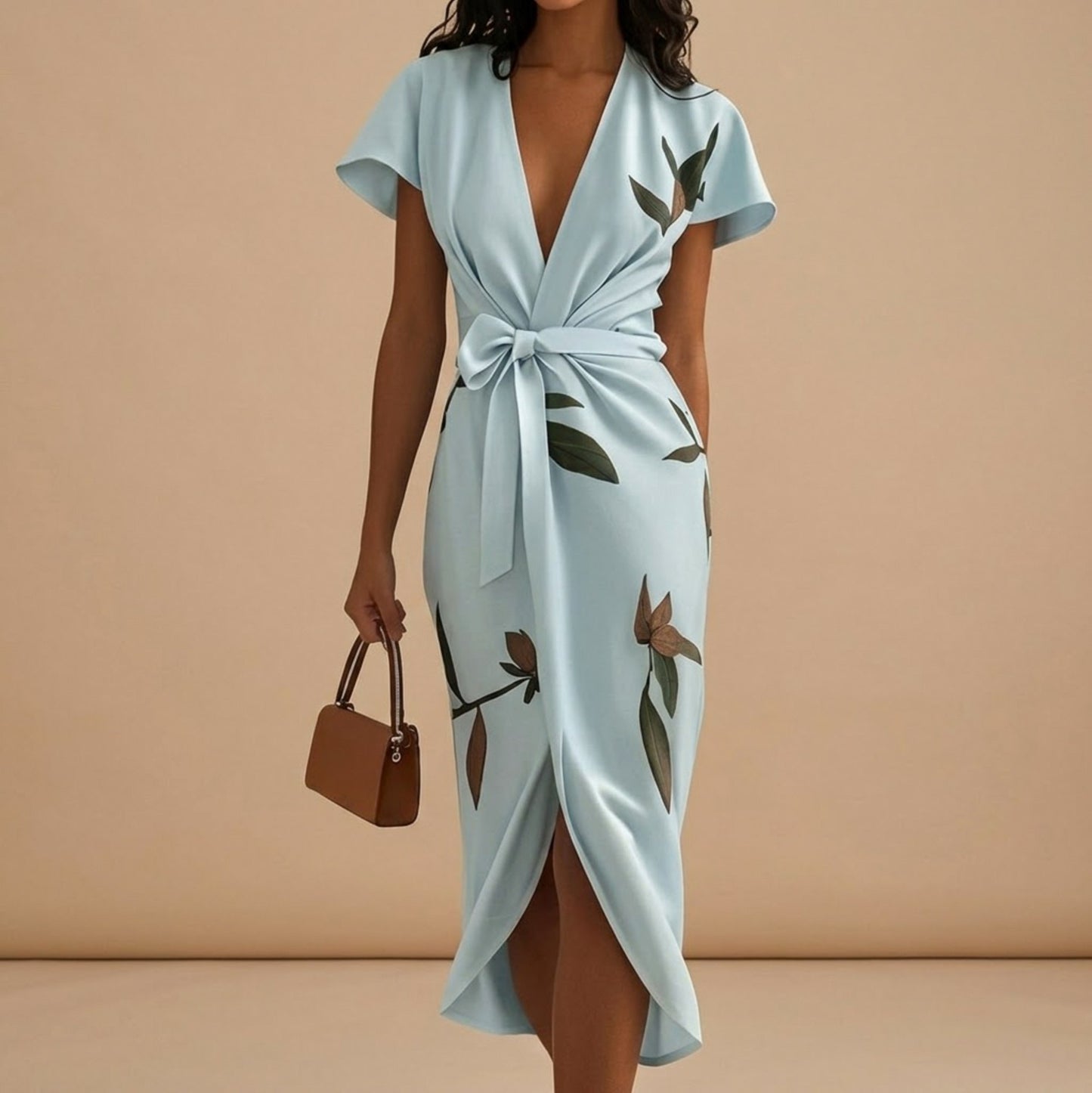 Satin Floral Tie Waist Midi Dress