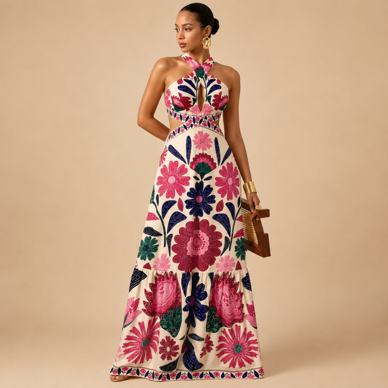 Floral Halter Cutout Maxi Dress