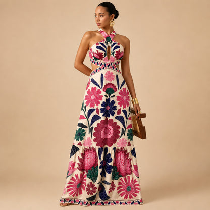 Floral Halter Cutout Maxi Dress