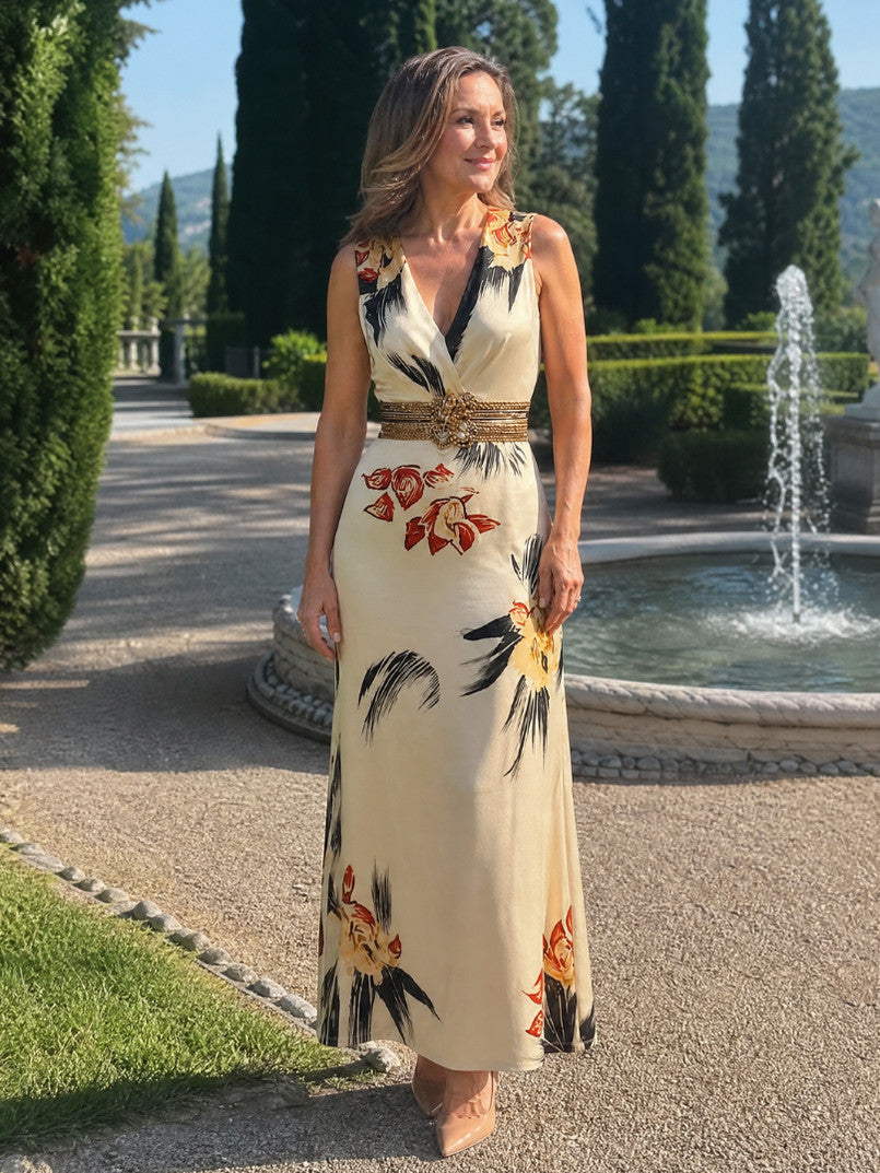 Satin Floral Sleeveless Maxi Dress