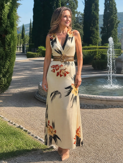 Satin Floral Sleeveless Maxi Dress