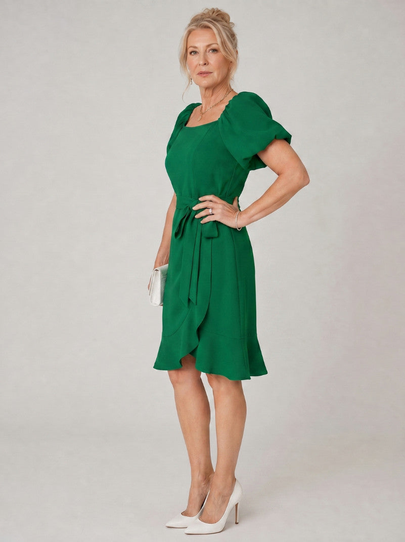 Square Neck Puff Sleeve Wrap Dress