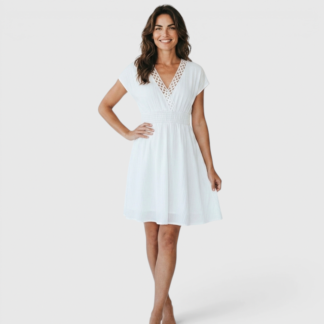 Smocked Crochet Trim Mini Dress