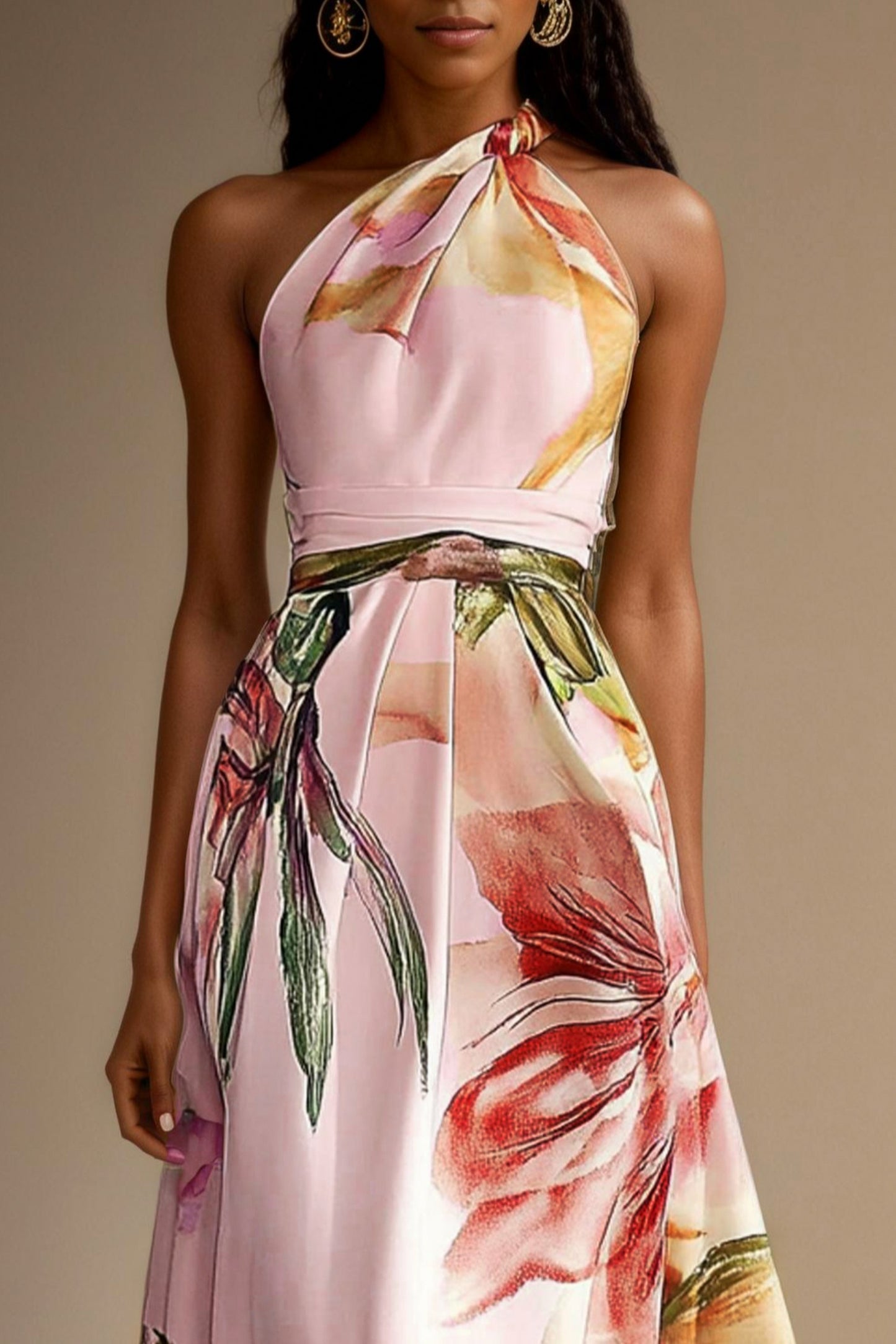 Floral Halter Pleated Maxi Dress