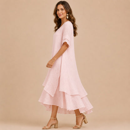 Short Sleeve Tiered Linen Maxi Dress