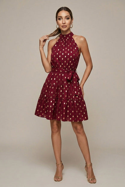 Geometric Halter Tiered Mini Dress