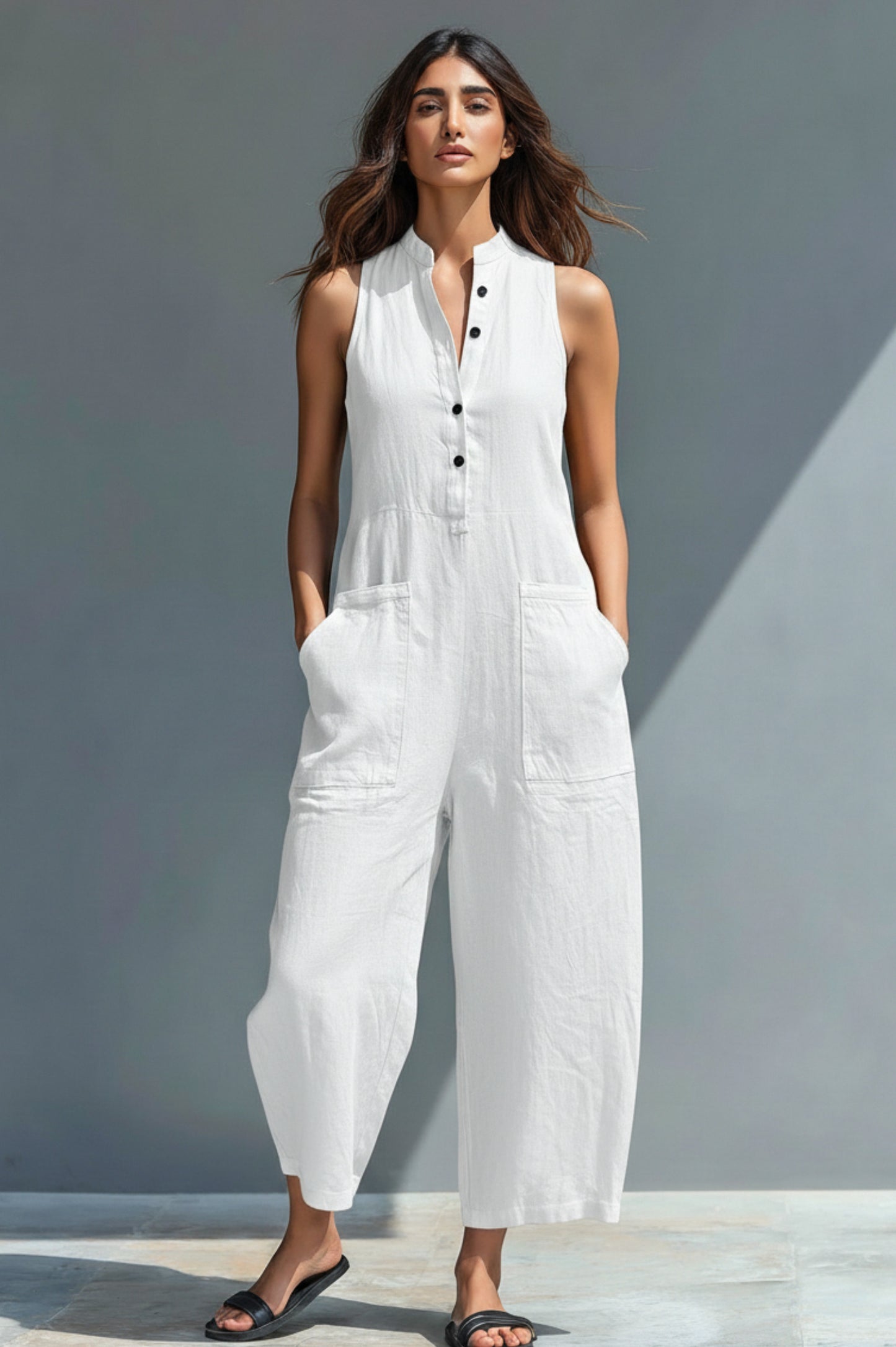 Sleeveless Button Front Wide Leg Jumpsuit