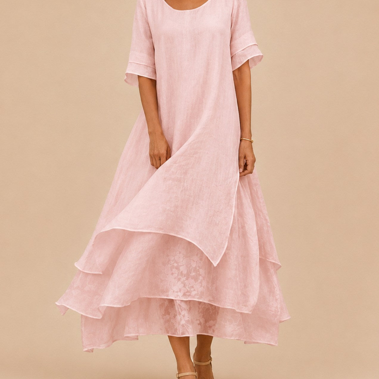 Short Sleeve Tiered Linen Maxi Dress