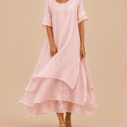 Short Sleeve Tiered Linen Maxi Dress