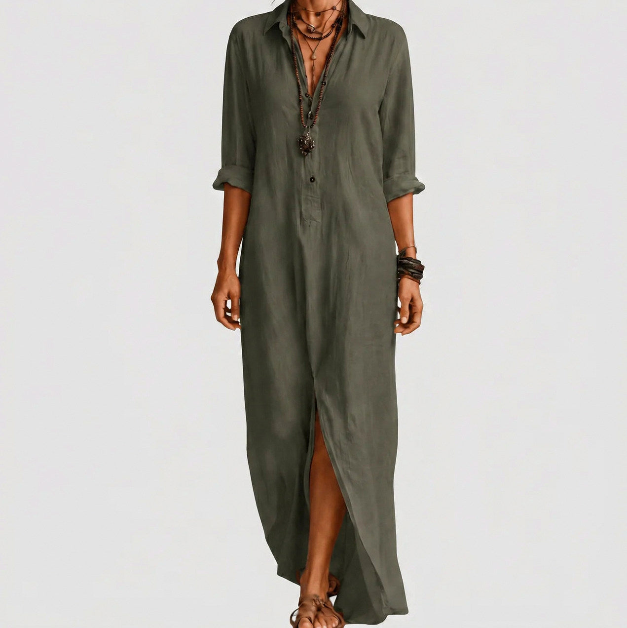Relaxed Button Front Maxi Shirt Dress