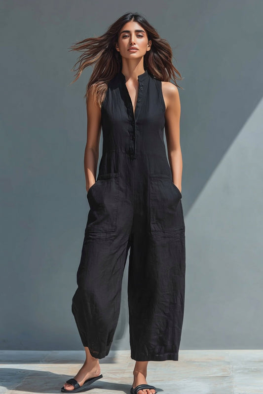 Sleeveless Button Front Wide Leg Jumpsuit