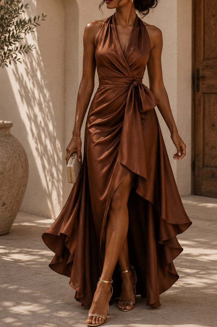 Satin Halter Wrap Maxi Dress