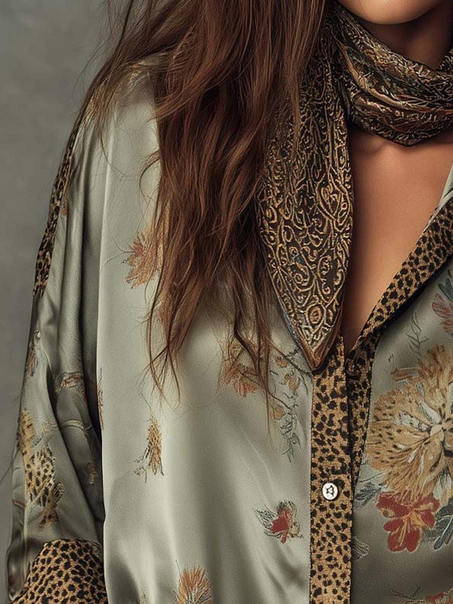 Floral Satin Button Front Blouse