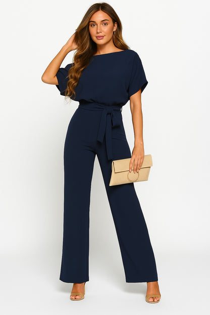 Short Sleeve Tie Waist Jumpsuit