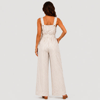 Striped Button Front Tie Jumpsuit
