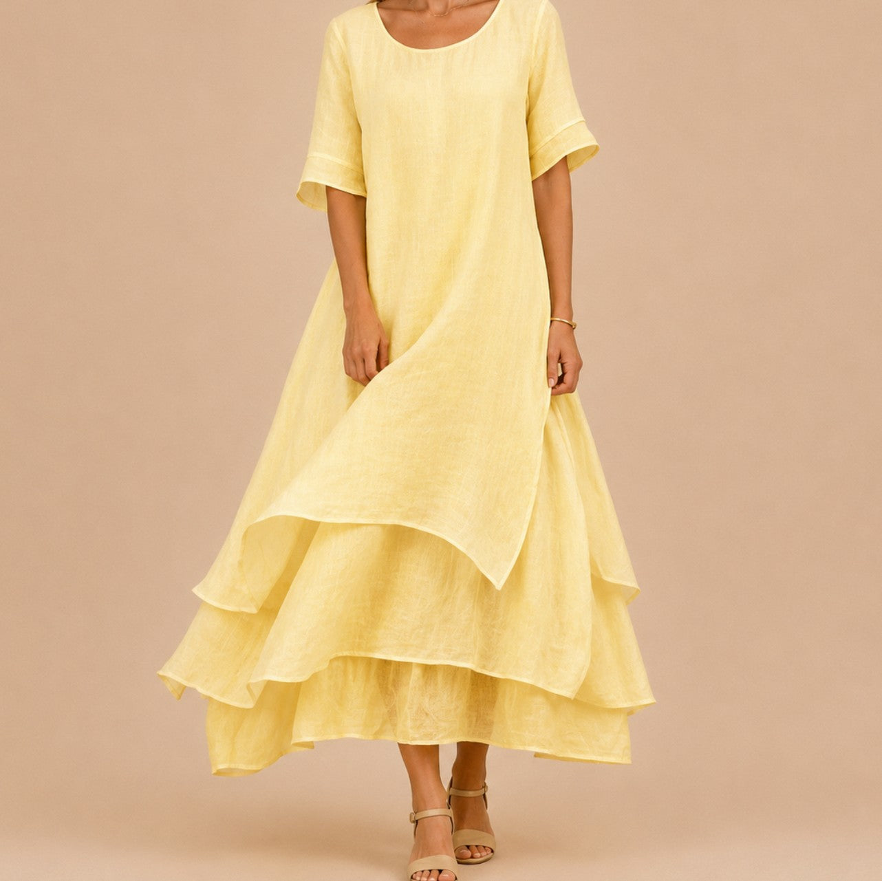 Short Sleeve Tiered Linen Maxi Dress