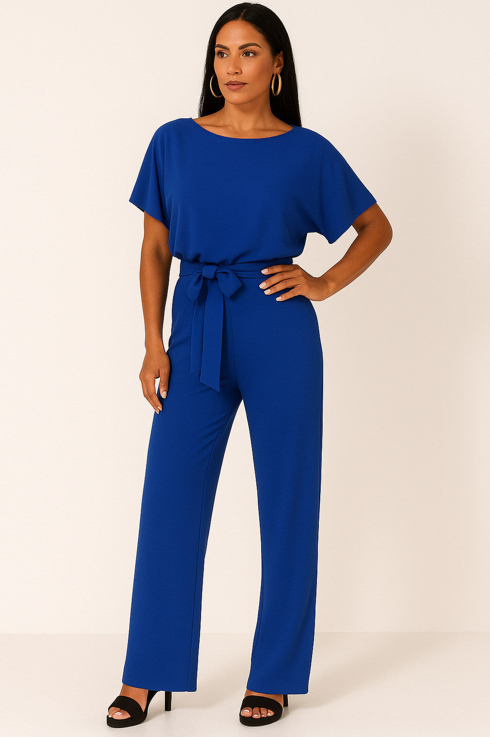 Short Sleeve Tie Waist Jumpsuit