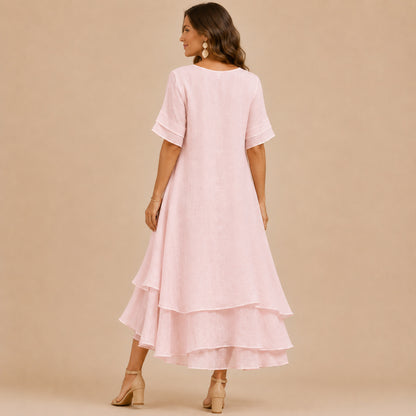 Short Sleeve Tiered Linen Maxi Dress