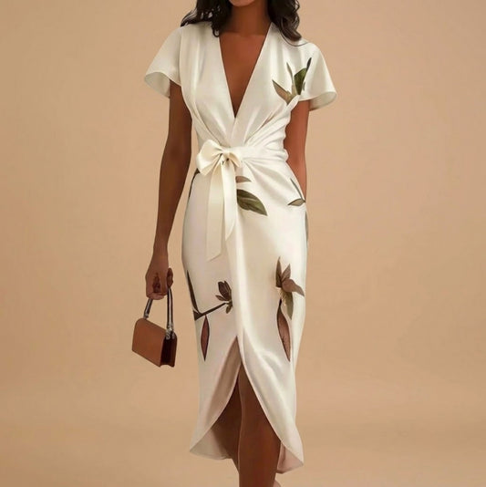 Satin Floral Tie Waist Midi Dress