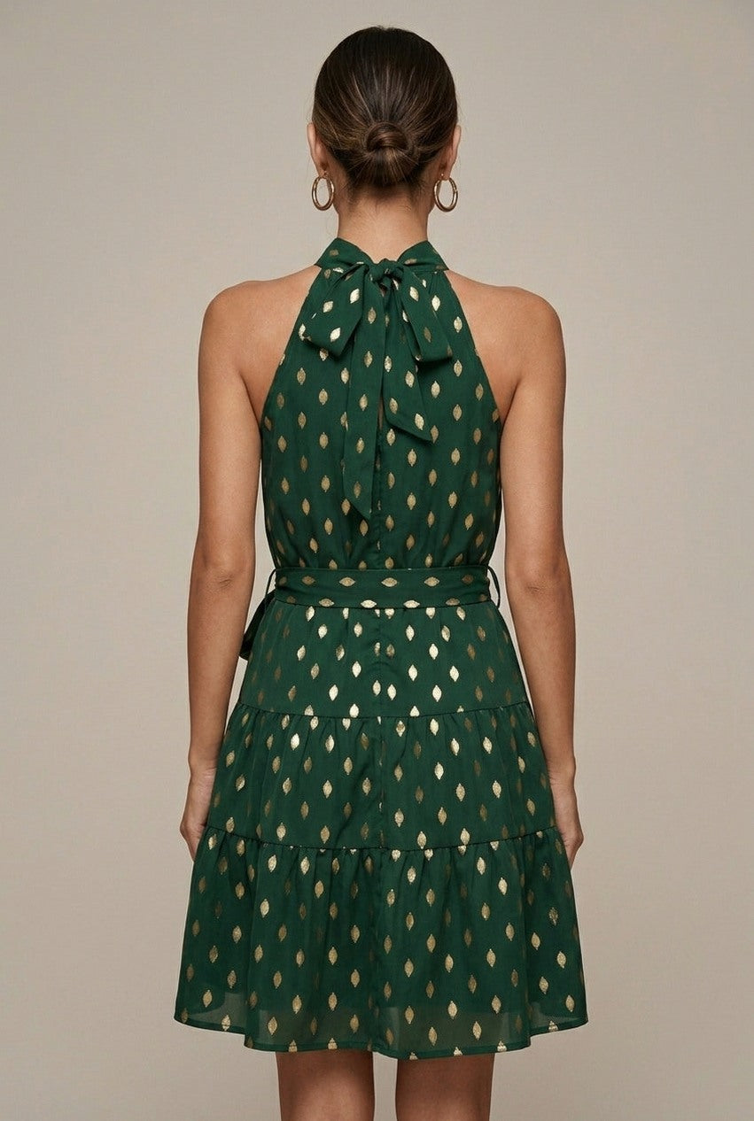 Geometric Halter Tiered Mini Dress